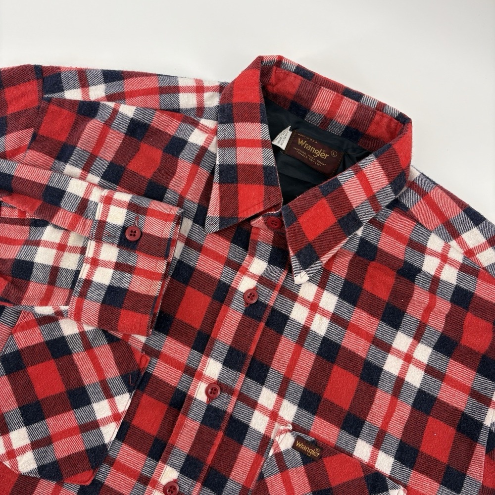 Vintage Wrangler‎ Flannel Work Shirt Mens L Wool Blend Heavyweight Plaid 80s